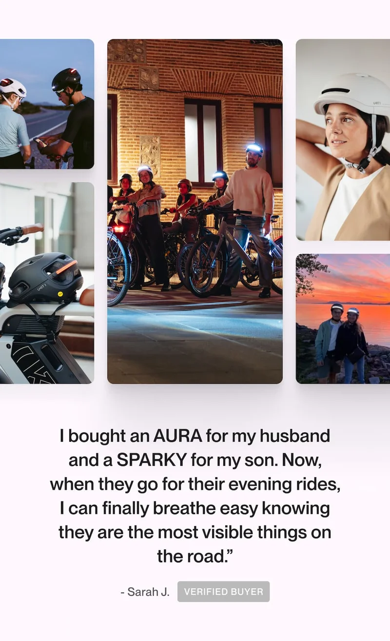 Collage of riders wearing UNIT 1 helmets and a testimonial quote from Sarah J., verified buyer, about feeling peace of mind during evening rides.