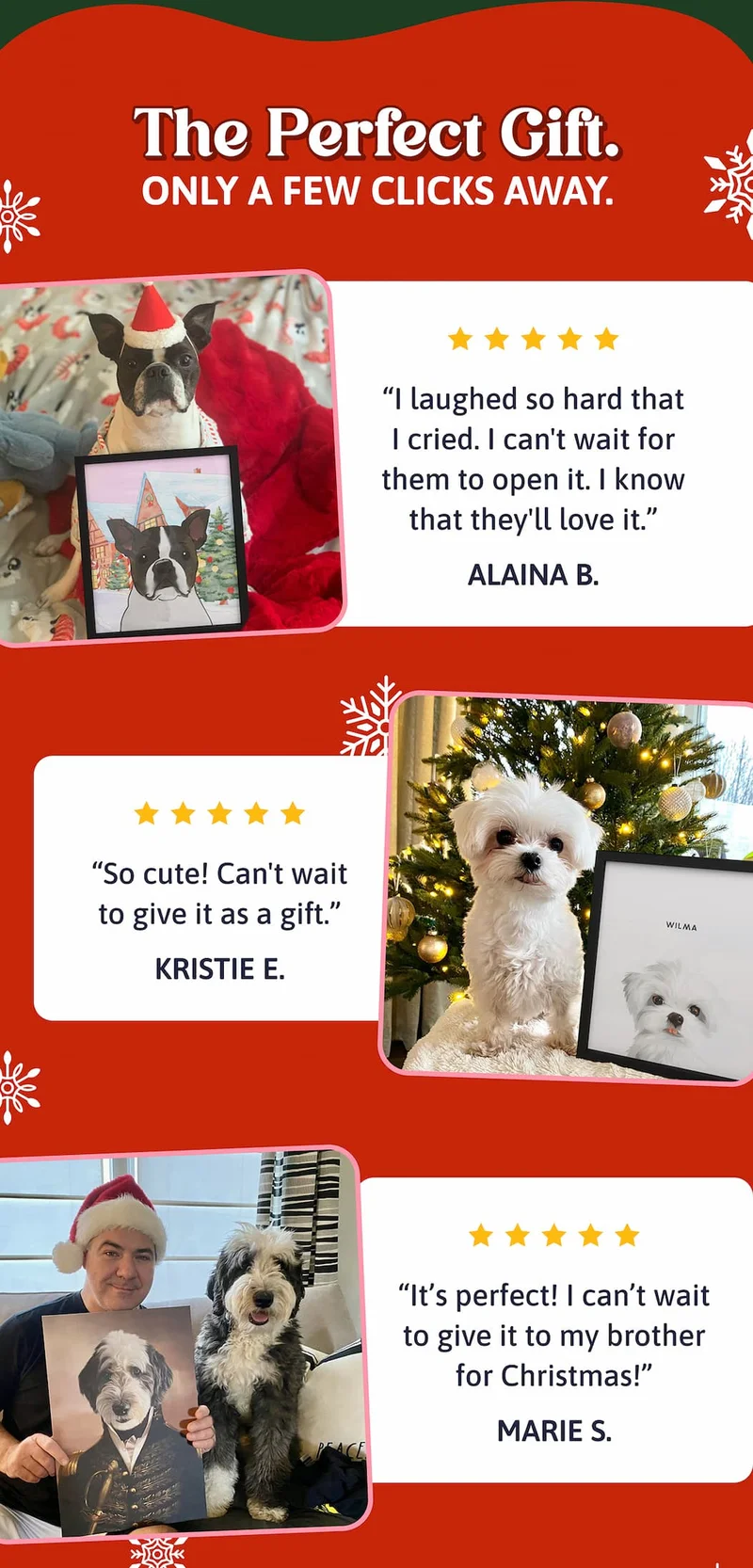 Heading: The Perfect Gift. Only a Few Clicks Away.  "I laughed so hard that I cried. I can't wait for them to open it. I know that they'll love it." ALAINA B.  "So cute! Can't wait to give it as a gift." KRISTIE E.  "It’s perfect! I can’t wait to give it to my brother for Christmas!" MARIE S.