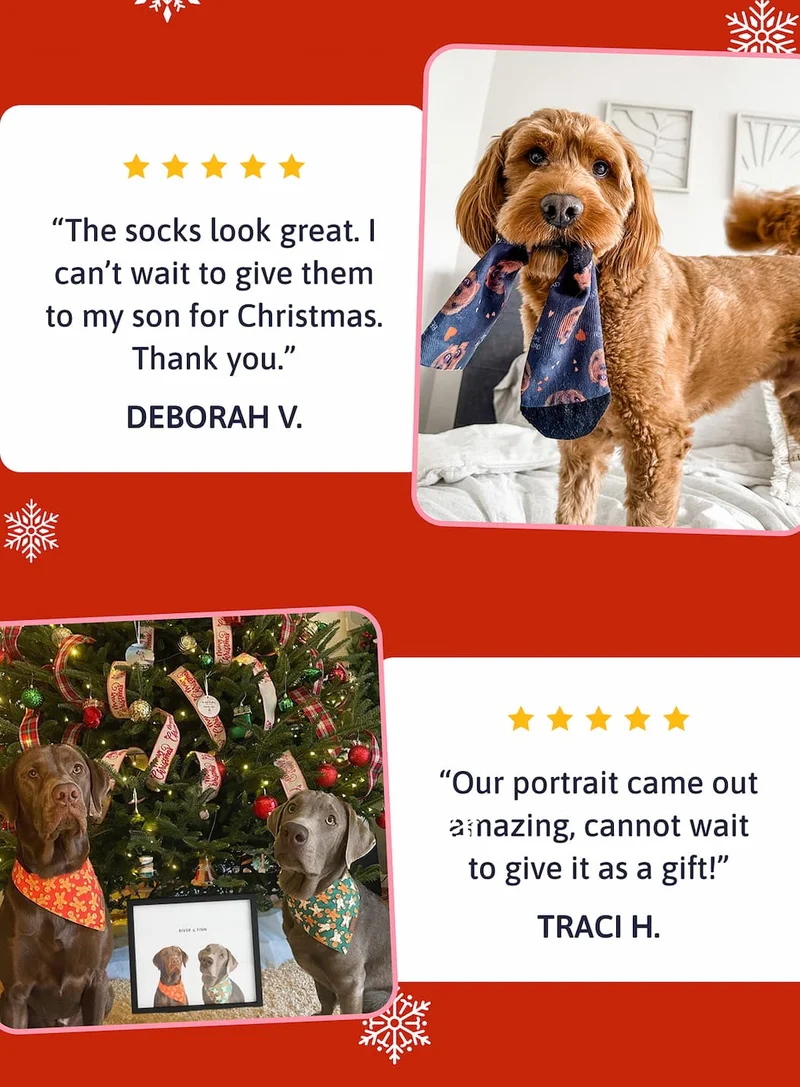 "The socks look great. I can’t wait to give them to my son for Christmas. Thank you." DEBORAH V.  "Our portrait came out amazing, cannot wait to give it as a gift!" TRACI H.