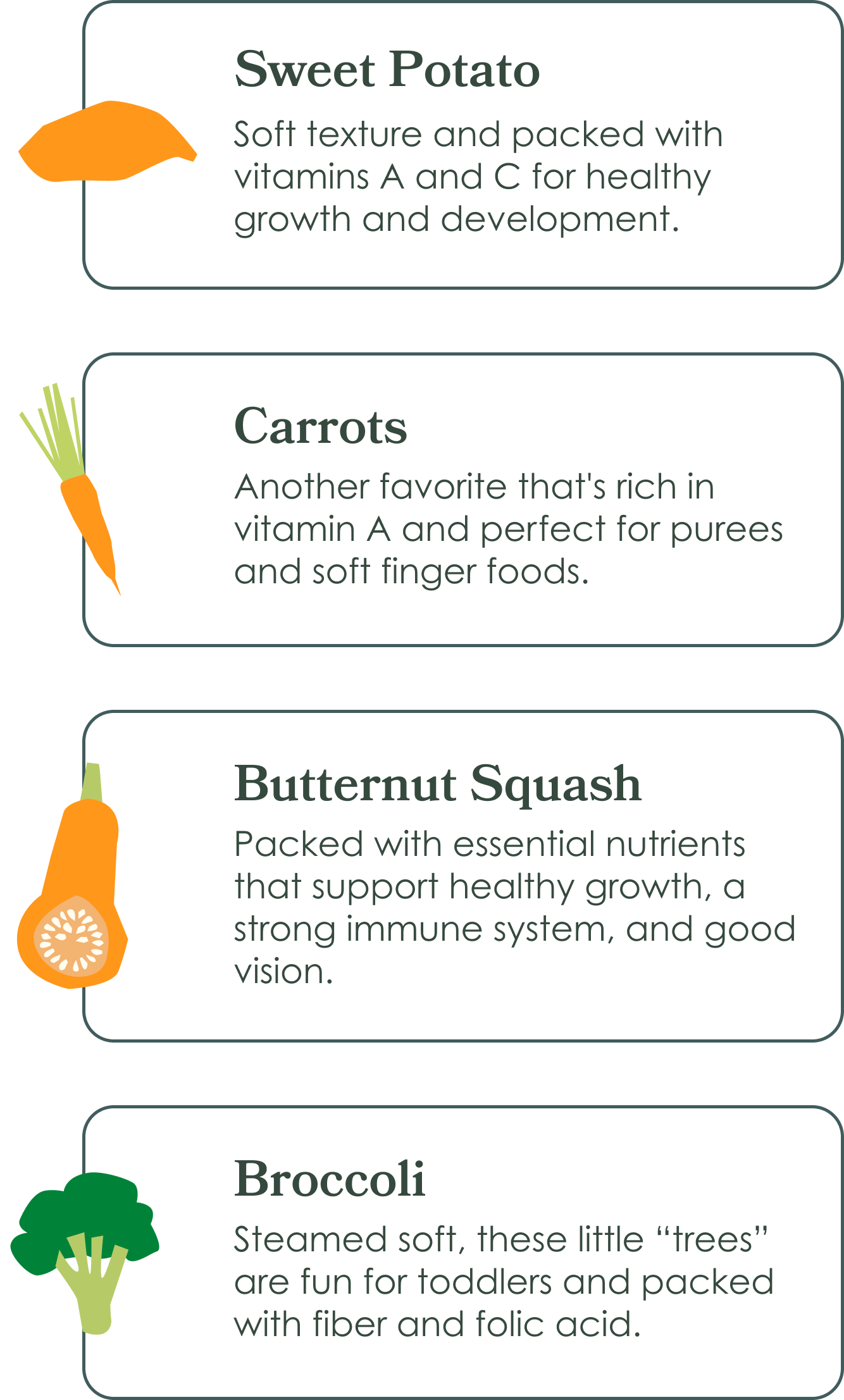 Sweet potatoes, carrots, spinach and broccoli are some of the best veggies to serve!