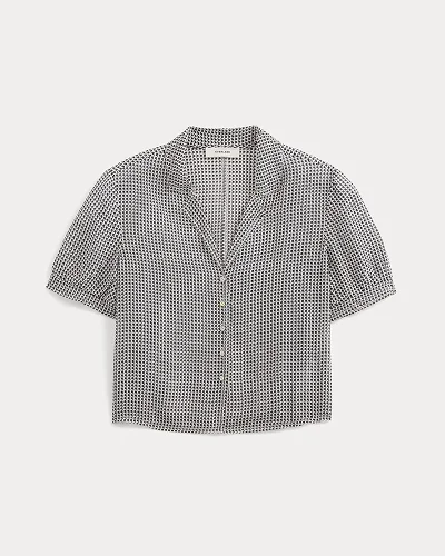 Image | Notch Collar Shirt in Silk Georgette | Gardenia/Black Micro Dot
