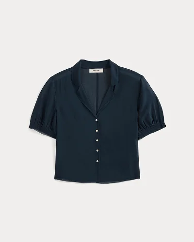 Image | Notch Collar Shirt in Silk Georgette | Navy