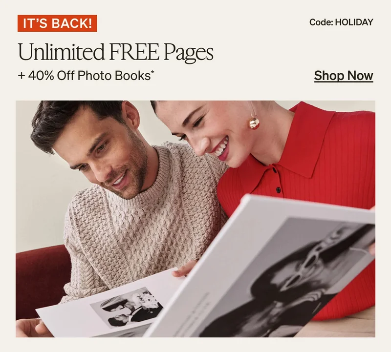 Unlimited Free Photo book Pages +40% off Photo Books + Up to 50% off Sitewide