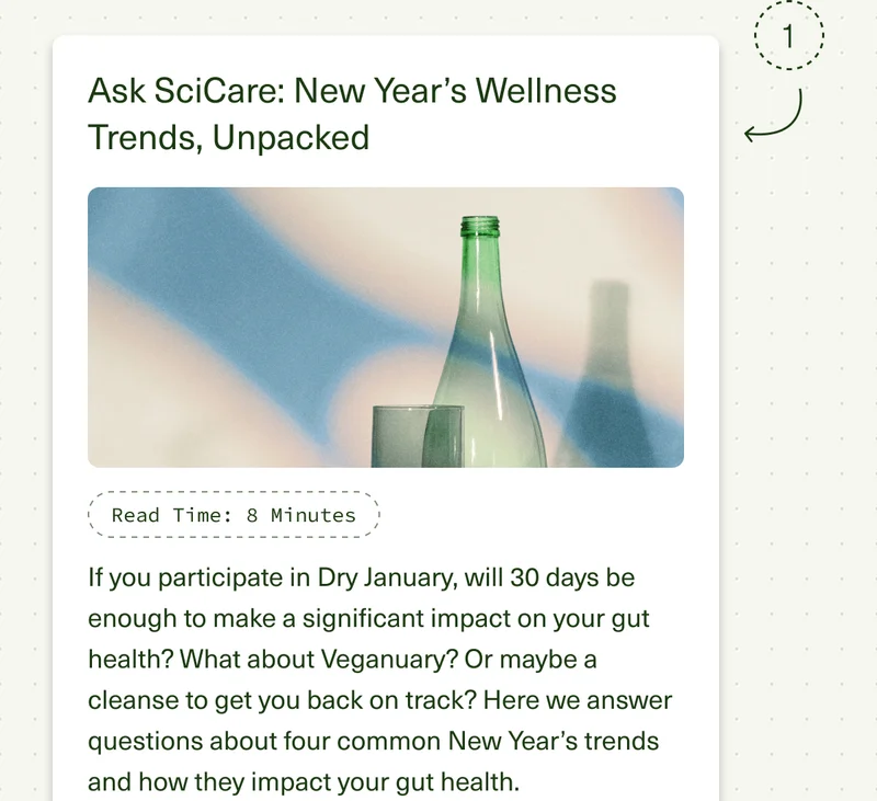 Ask SciCare: New Year’s Wellness Trends, Unpacked. Read Time: 8 Minutes. If you participate in Dry January, will 30 days be enough to make a significant impact on your gut health? What about Veganuary? Or maybe a cleanse to get you back on track? Here we answer questions about four common New Year’s trends and how they impact your gut health.