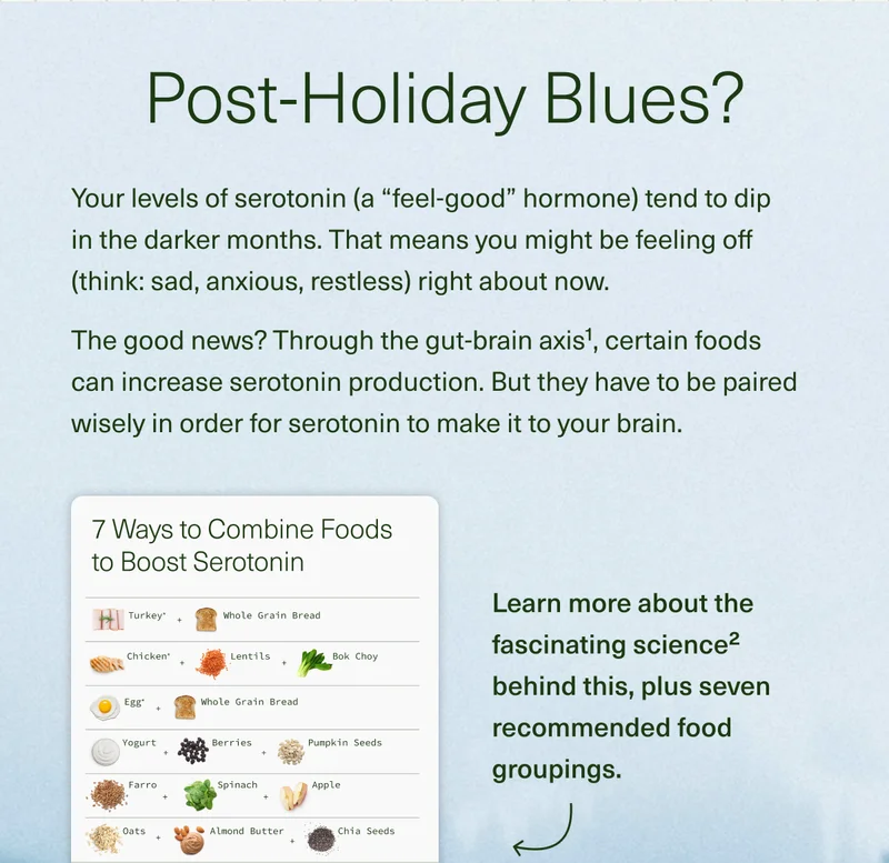 Post-Holiday Blues? Your levels of serotonin (a “feel-good” hormone) tend to dip in the darker months. That means you might be feeling off (think: sad, anxious, restless) right about now. The good news? Through the gut-brain axis¹, certain foods can increase serotonin production. But they have to be paired wisely in order for serotonin to make it to your brain. Learn more about the fascinating science² behind this, plus seven recommended food groupings.