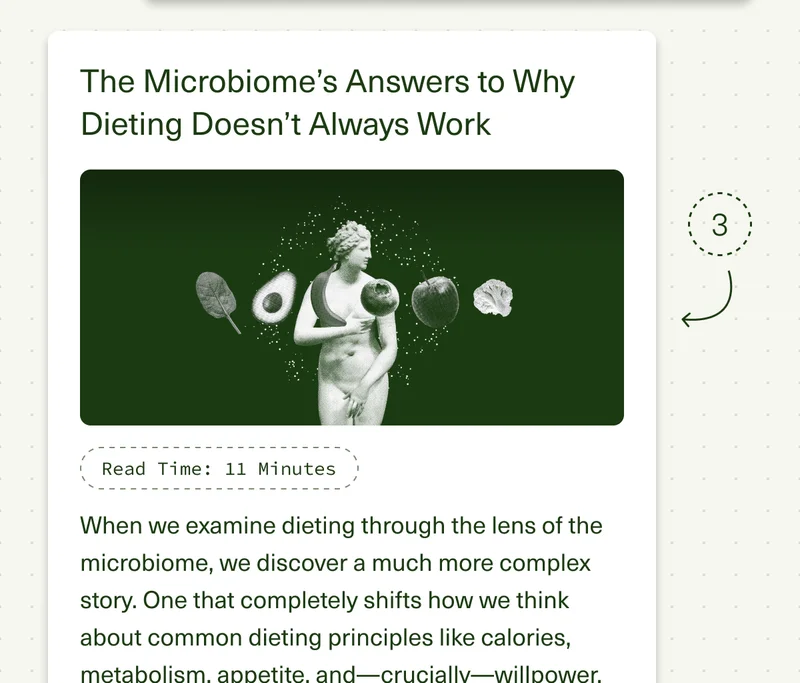 The Microbiome’s Answers to Why Dieting Doesn’t Always Work. Read Time: 11 Minutes. When we examine dieting through the lens of the microbiome, we discover a much more complex story. One that completely shifts how we think about common dieting principles like calories, metabolism, appetite, and—crucially—willpower.