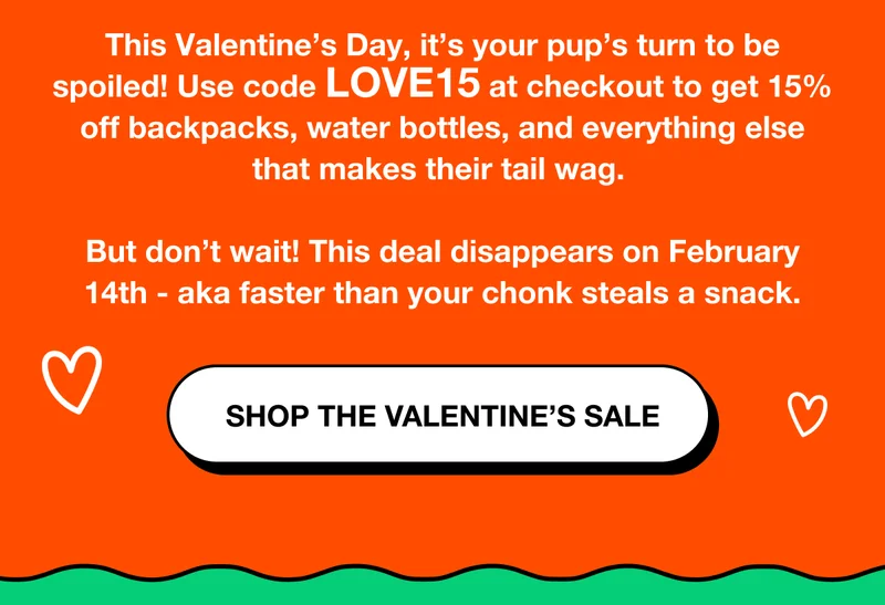 Use code LOVE15 at checkout to get 15% off backpacks, water bottles, and everything else that makes their tail wag.