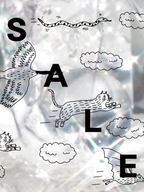 the word SALE in black letters with an animated drawing of a flock of animals and clouds sits atop a shimmery silver backdrop
