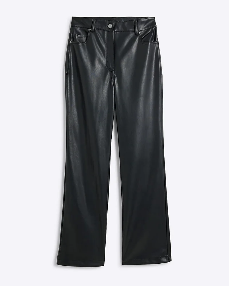 Black faux leather straight leg trousers