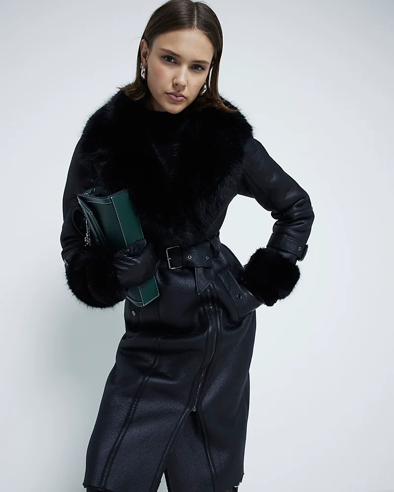 Black Longline Faux Fur Belted Biker Jacket