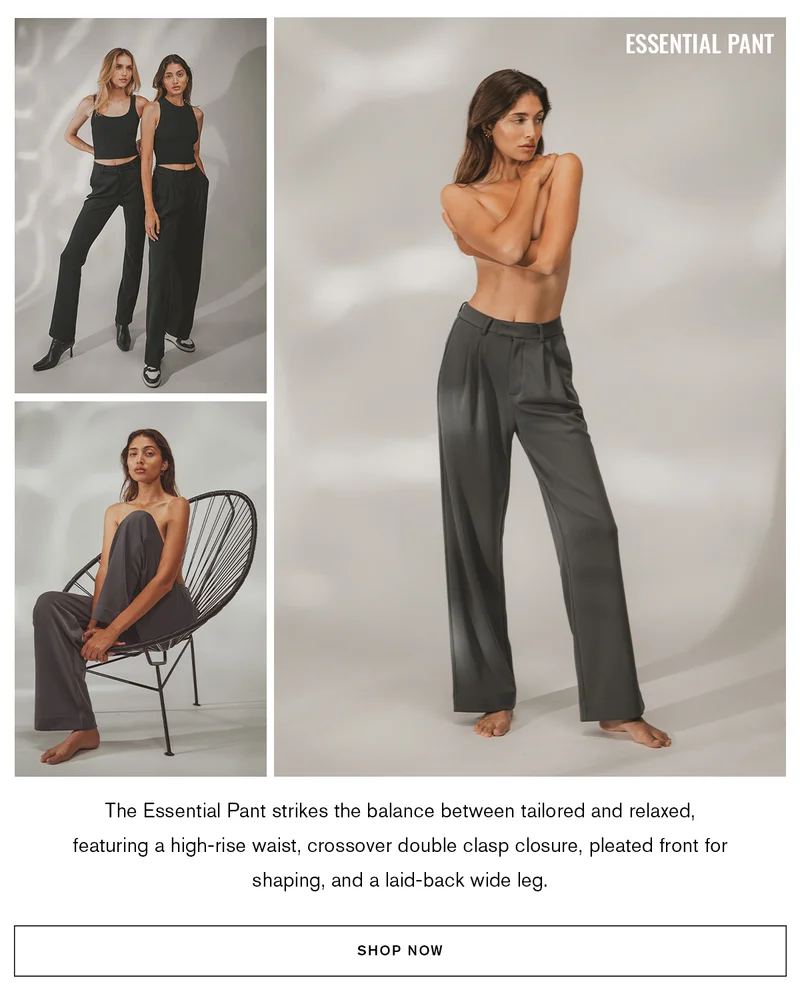 ESSENTIAL PANT | The Essential Pant strikes the balance between tailored and relaxed, featuring a high-rise waist, crossover double clasp closure, pleated front for shaping, and a laid-back wide leg. | SHOP NOW
