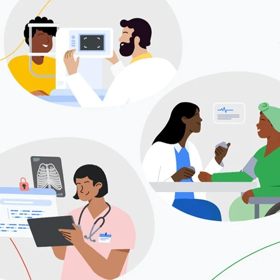 an illustration of doctors interacting with patients in different healthcare settings