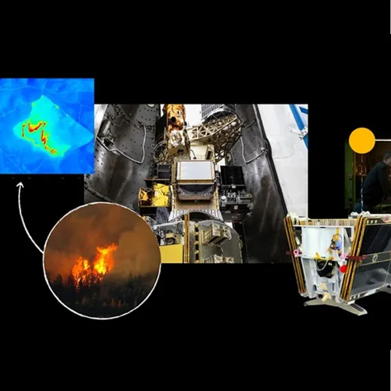 a card with multiple images including a forest fire, a topographical map and a satellite