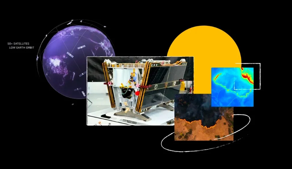 A collage of images including topographical maps, a sphere, and text reading '50+ satellites low earth orbit'