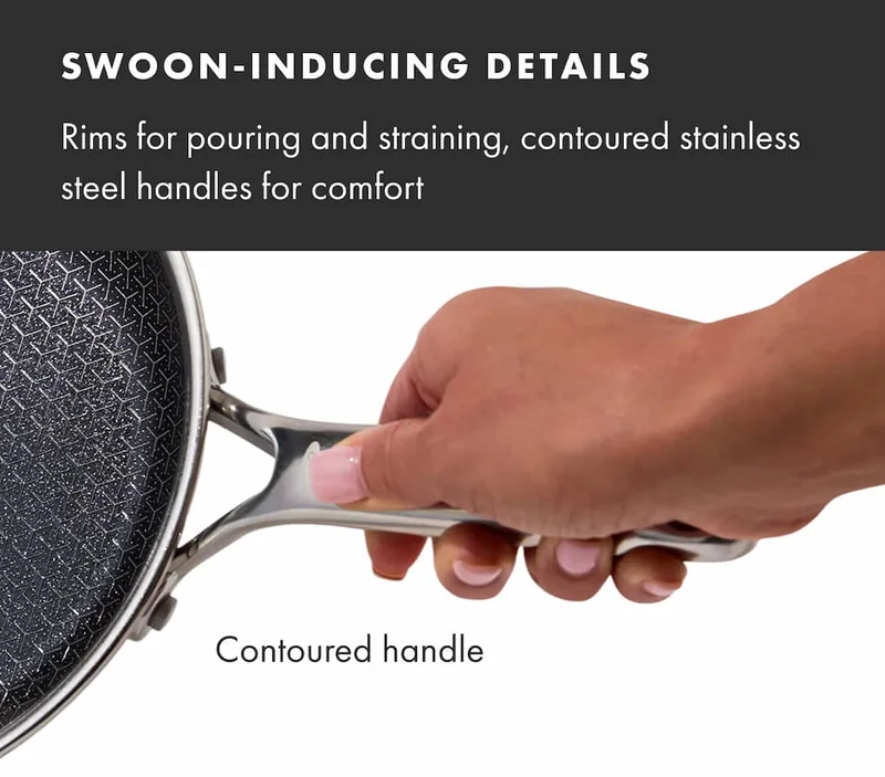 SWOON-INDUCING DETAILS Rims for pouring and straining, contoured stainless steel handles for comfort