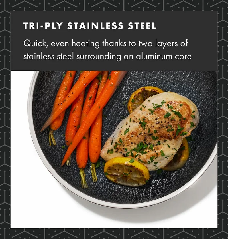 TRI-PLY STAINLESS STEEL Quick, even heating thanks to two layers of stainless steel surrounding an aluminum core.