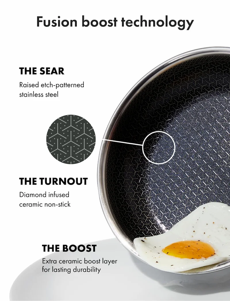 Fusion boost technology THE SEAR Raised etch-patterned stainless steel. THE TURNOUT Diamond infused ceramic non-stick. THE BOOST Extra ceramic boost layer  for lasting durability