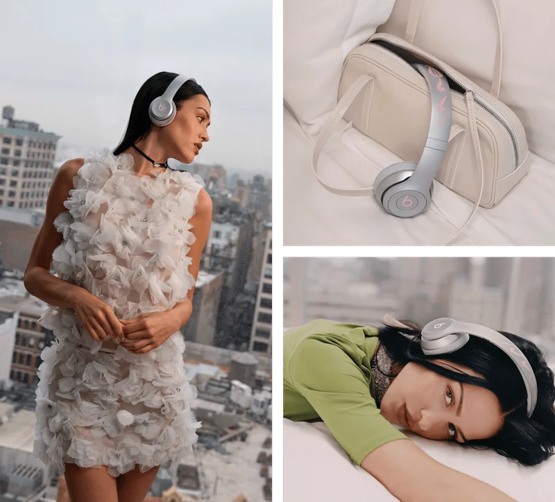 Amelia Gray wearing the Sandy Liang Limited Edition Beats Solo 4 headphones