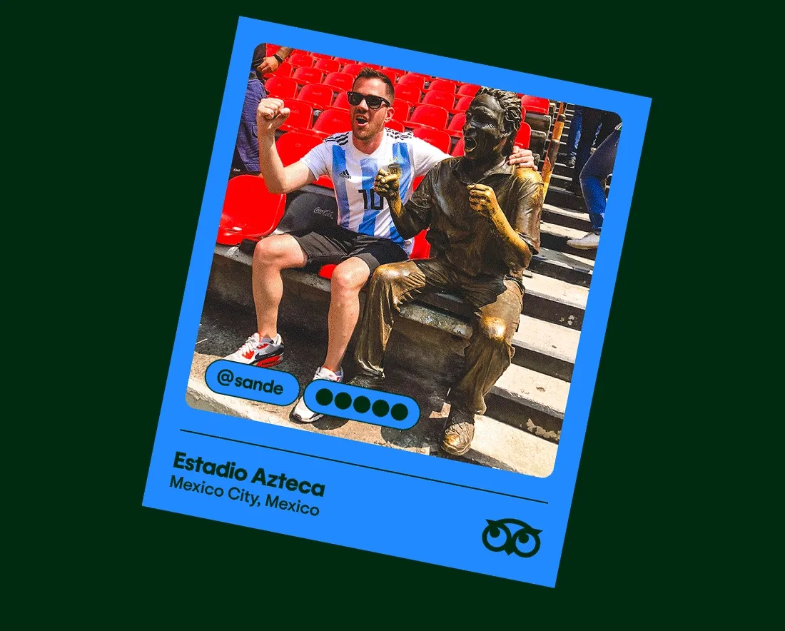 Image description: A gif rotating through images of soccer fans smiling and posing at different stadiums including the Mercedes Benz Stadium and Estadio Azteca.