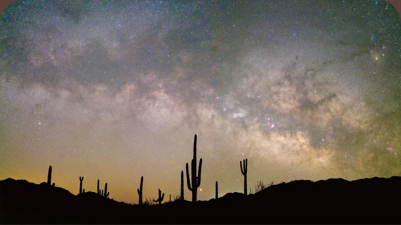 An evening sky with a desert landscape.