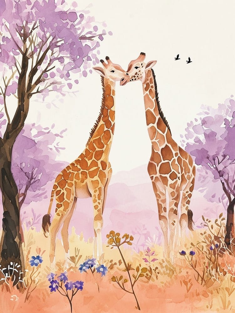 Image of Pair Of Giraffes Lilac Warercolour Portrait