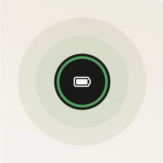 A graphic representation of a fully charged battery, displayed in a circular icon with a green outline.