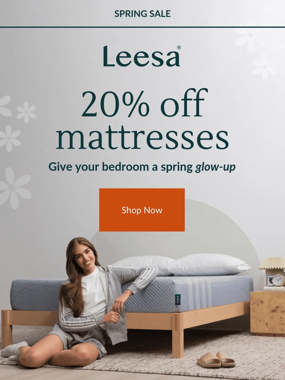 SPRING SALE -- Leesa -- 20% off mattresses -- Give your bedroom a spring glow-up -- Shop Now