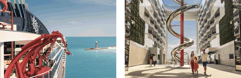 MSC&nbsp;World America – Cliffhanger, the Only Over-Water Swing Ride at Sea (Left); World Promenade Jaw Drop at The Spiral (Right) – Click to View Cruises & Book Now