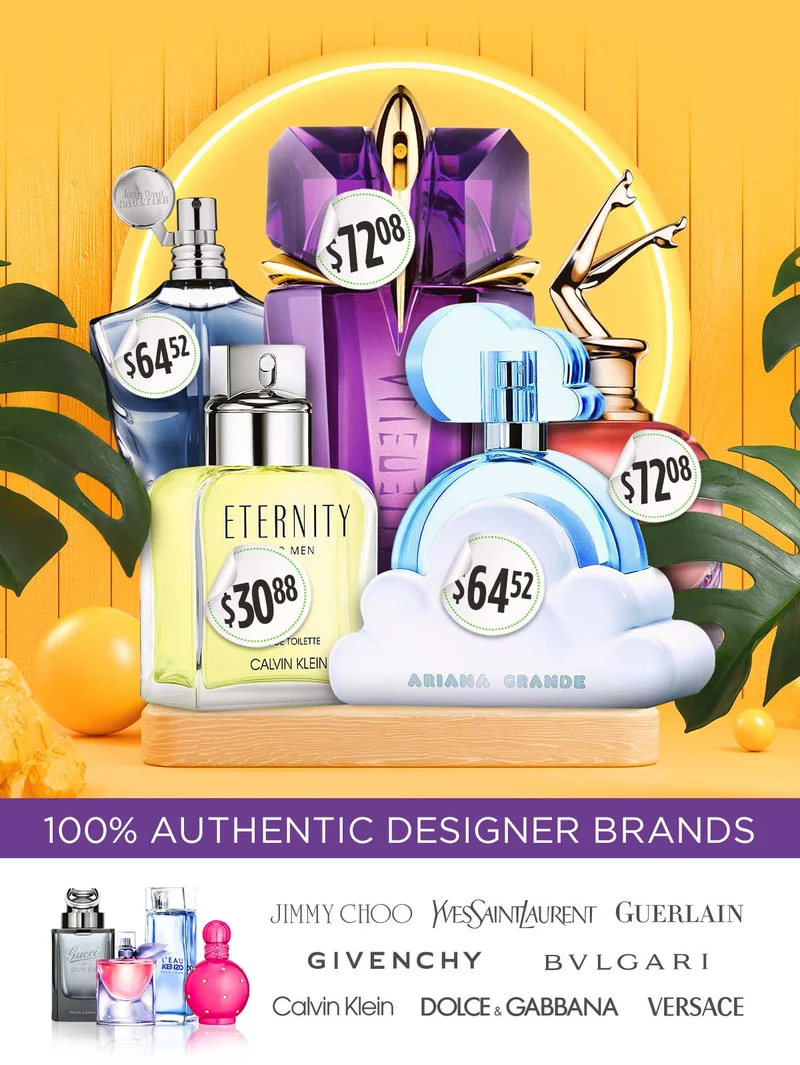 Fragrances on pedestal surrounded by palms and citrus for summer sale