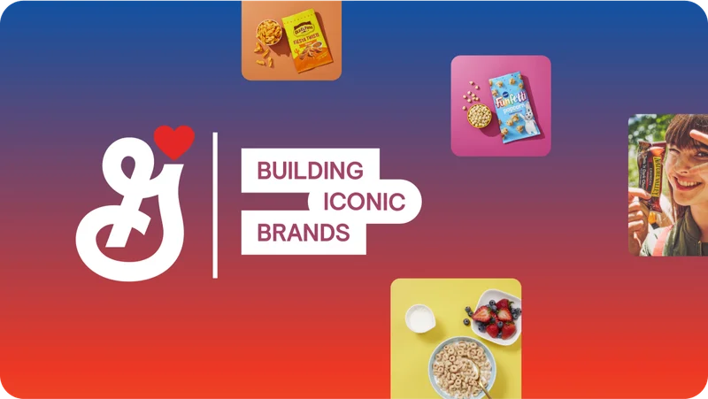 General Mills Logo with "Building Iconic Brands" text, images showcase Cheerios, Old El Paso, Pillsbury, and Nature Valley products