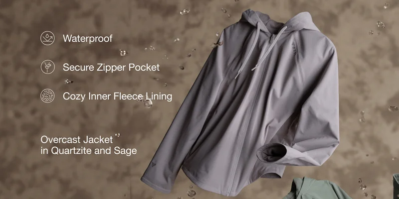 Graphic of Overcast Jacket in Quartzite and Sage. Waterproof. Secure Zipper Pocket. Cozy Inner Fleece Lining.