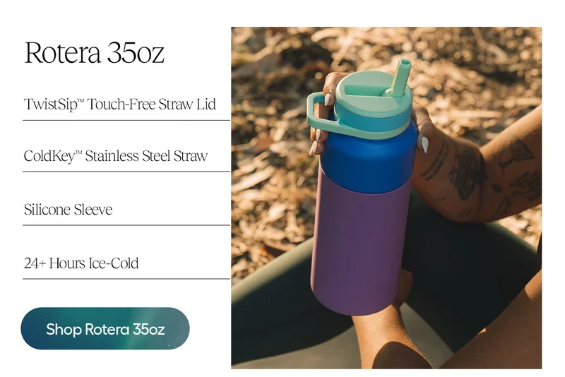 Rotera 35oz. TiwstSip™ Touch-Free Straw Lid, ColdKey™ Stainless Steel Straw, Silicone Sleeve, 24+ Hours Ice-Cold.