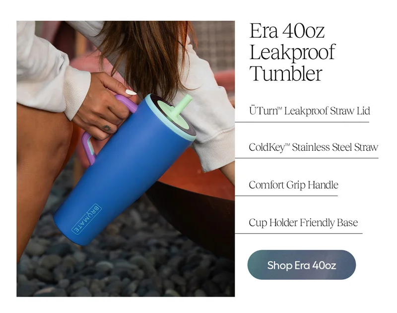 Era 40oz Leakproof Tumbler. ÜTurn™ Leakproof Straw Lid, ColdKey™ Stainless Steel Straw, Comfort Grip Handle, Cup Holder Friendly Base