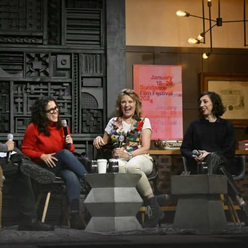 Image of the Cinema Café from the 2024 Sundance Film Festival featuring Carla Gutiérrez, Lucy Lawless, and Lana Wilson.
