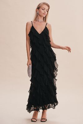 BHLDN Jia Bias-Cut Ruffled V-Neck Gown