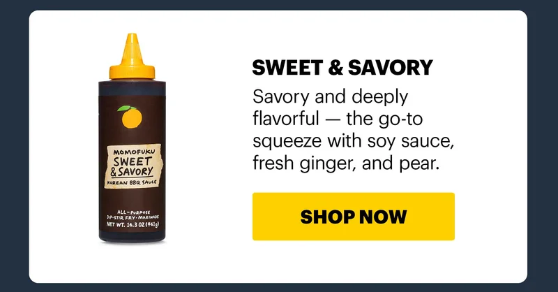 Header: SWEET & SAVORY Copy: Savory and deeply flavorful — the go-to squeeze with soy sauce, fresh ginger, and pear. CTA: SHOP NOW