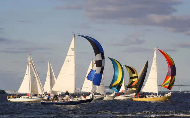 A photograph of a handful of sailboats on the water off Kent Island.