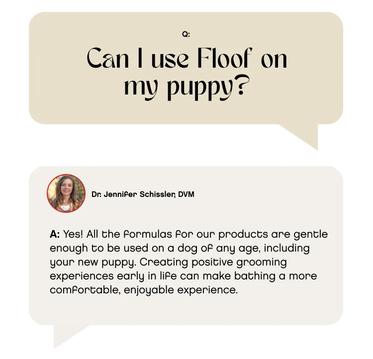 Can I use Floof on my puppy? A: Yes! All the formulas for our products are gentle enough to be used on a dog of any age, including your new puppy. Creating positive grooming experiences early in life can make bathing a more comfortable, enjoyable experience.