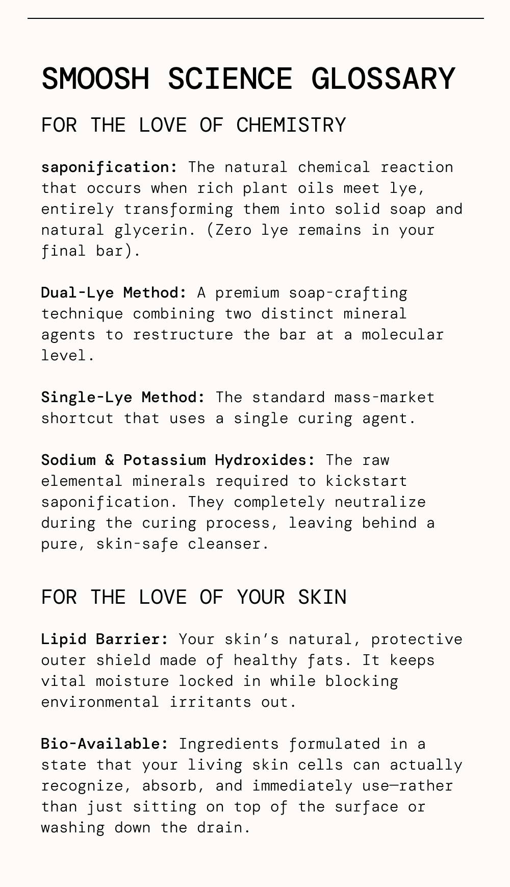Smoosh Science Glossary, FOR THE LOVE OF CHEMISTRY   saponification:&nbsp;The natural chemical reaction that occurs when rich plant oils meet lye, entirely transforming them into solid soap and natural glycerin.&nbsp;(Zero lye remains in your final bar).  Dual-Lye Method:&nbsp;A premium soap-crafting technique combining two distinct mineral agents to restructure the bar at a molecular level.  Single-Lye Method:&nbsp;The standard mass-market shortcut that uses a single curing agent.  Sodium & Potassium Hydroxides:&nbsp;The raw elemental minerals required to kickstart saponification. They completely neutralize during the curing process, leaving behind a pure, skin-safe cleanser.   FOR THE LOVE OF YOUR SKIN   Lipid Barrier:&nbsp;Your skin’s natural, protective outer shield made of healthy fats. It keeps vital moisture locked in while blocking environmental irritants out.  Bio-Available:&nbsp;Ingredients formulated in a state that your living skin cells can actually recognize, absorb, and immediately use—rather than just sitting on top of the surface or washing down the drain.