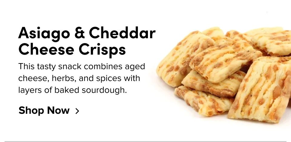 Asiago & Cheddar Cheese Crisps – This tasty snack combines aged cheese, herbs, and spices with layers of baked sourdough. Shop now