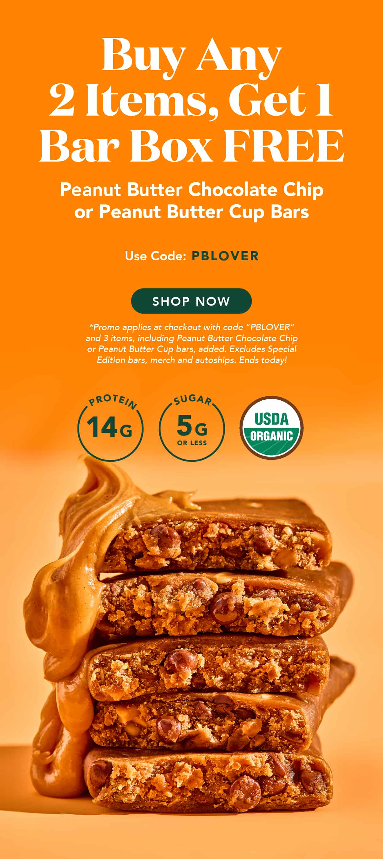 Buy 2 items, get a box of Peanut Butter bars free with discount code PBLOVER