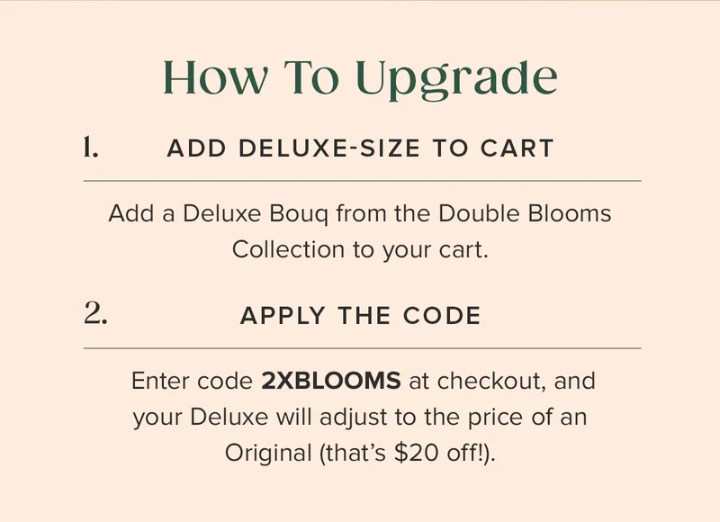 How To Upgrade: 1. ADD DELUXE-SIZE TO CART 2. APPLY THE CODE 2XBLOOMS (Your Deluxe size Bouq will adjust to the price of an Original --that's $20 off!)