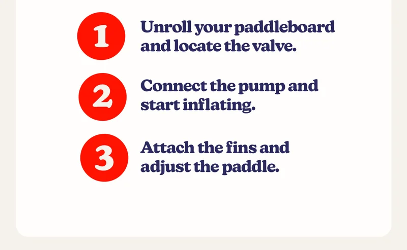 Unroll your paddleboard and locate the valve. Connect the pump and start inflating. Attach the fins and adjust the paddle.