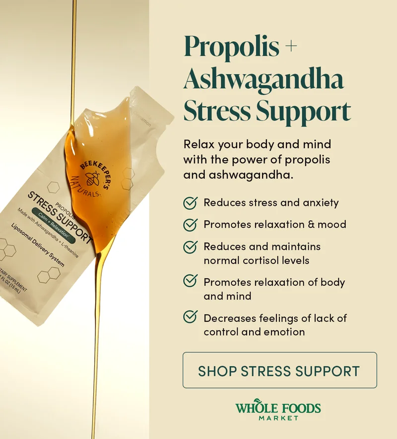 Propolis + Ashwagandha Stress Support Relax your body and mind with the power of propolis and ashwagandha.  Helps to reduce stress and anxiety Helps to promote relaxation and mood Helps to reduce and maintain normal cortisol levels Helps in calming down and relaxation of body and mind Decrease feeling of lack of control and emotion