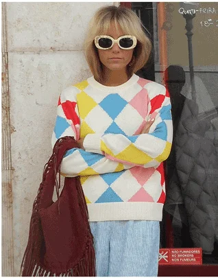 Cotton Argyle Jumper Pink, Light Blue Argyle