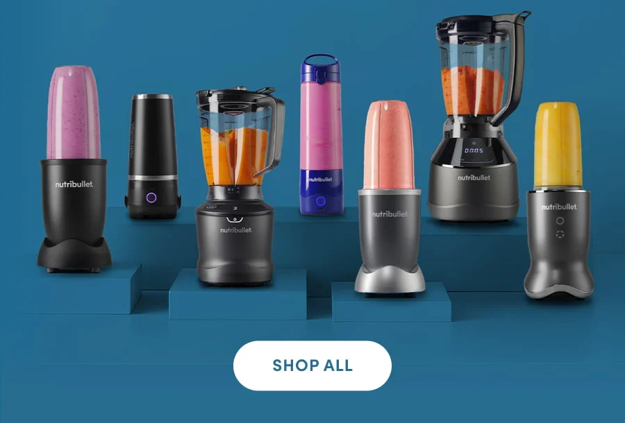 Display of multiple nutribullet blender models in a range of colors and sizes, illustrating daily nutrition support with minimal effort.