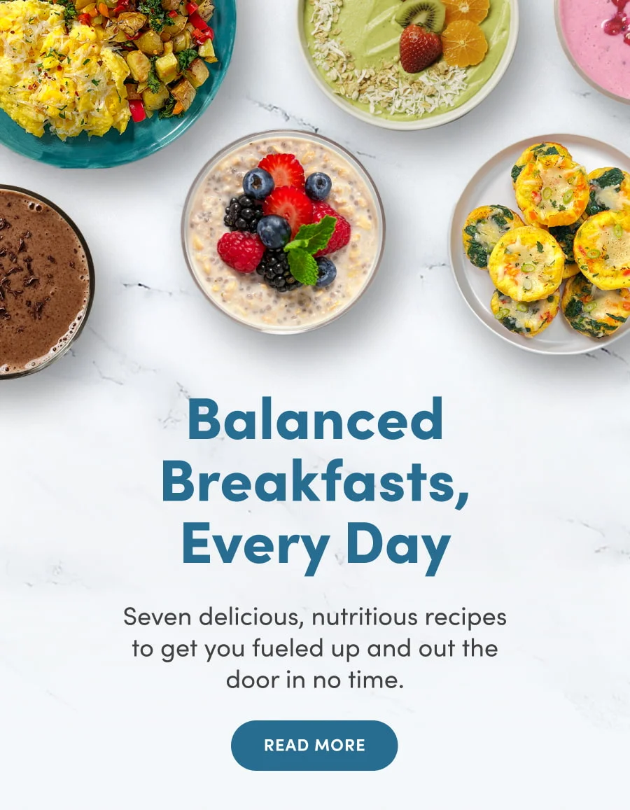A flat lay of seven vibrant and healthy breakfast dishes featuring items like mixed berries, avocado toast, egg muffins, and oatmeal.