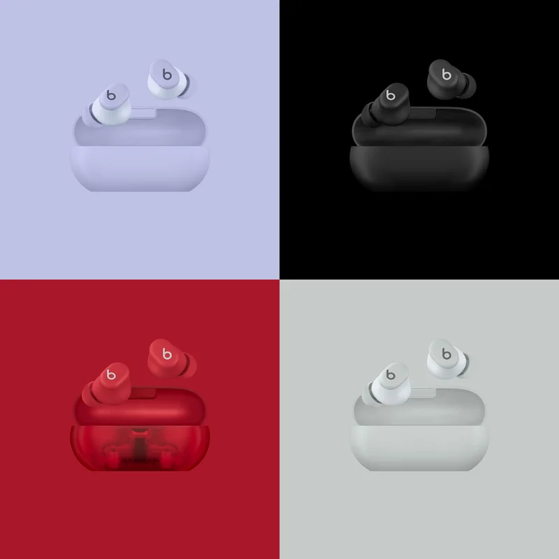 Beats Solo Buds in Matte Black, Arctic Purple, Transparent Red and Storm Gray.