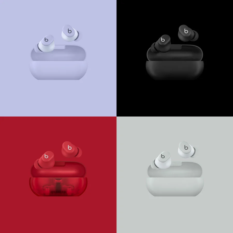 Beats Solo Buds in Matte Black, Arctic Purple, Transparent Red and Storm Gray.