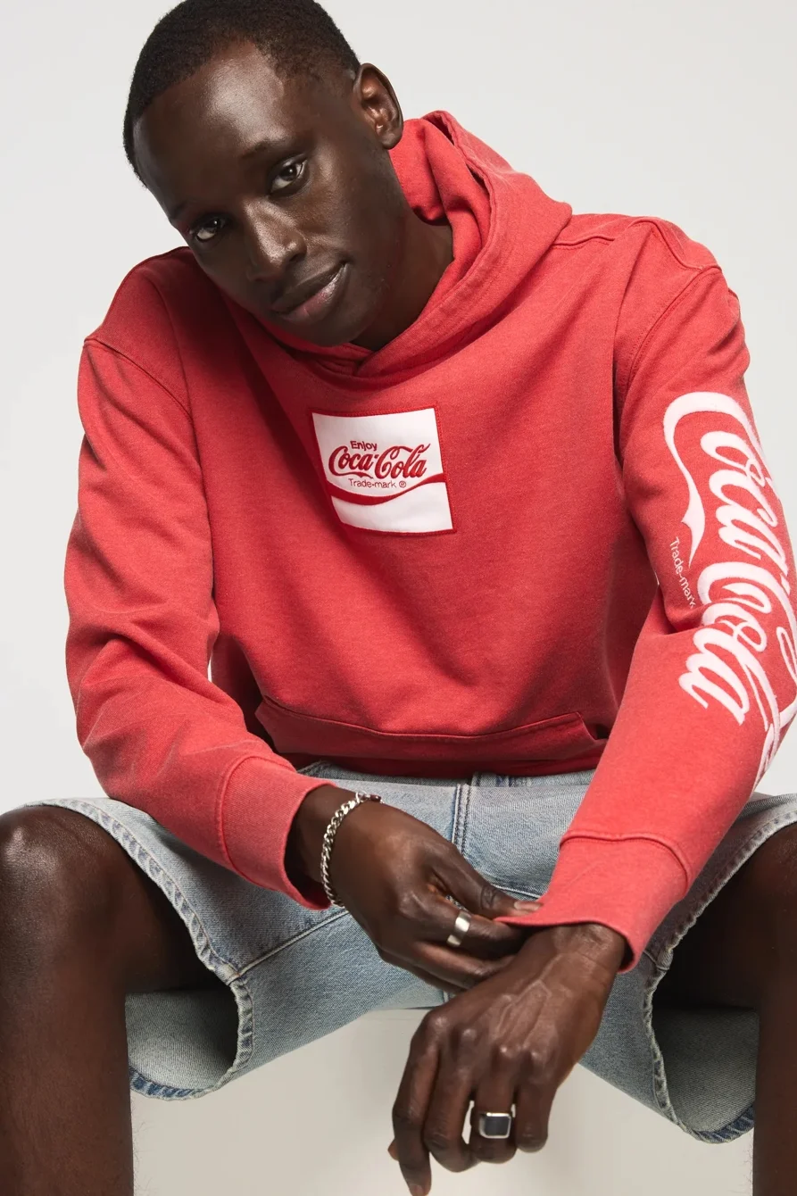 Image of Lucky Brand Coke Logo Hoodie - Men's Clothing Outerwear Sweatshirts Crewneck Hoodies in Fiery Red